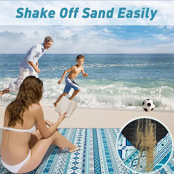 PY SUPER MODE Picnic Blankets Extra Large, Waterproof Foldable Outdoor Beach Blanket Oversized 83x79” Sandproof, 3-Layer Picnic Mat for Camping, Hiking, Travel, Park, Concerts(Teal Boho)