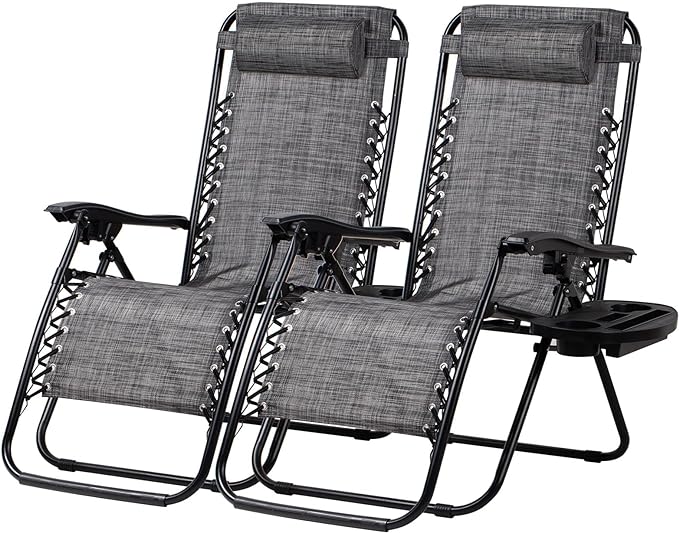 Nazhura Set of 2 Relaxing Recliners Patio Chairs Adjustable Steel Mesh Zero Gravity Lounge Chair Beach Chairs with Pillow and Cup Holder(Grey)