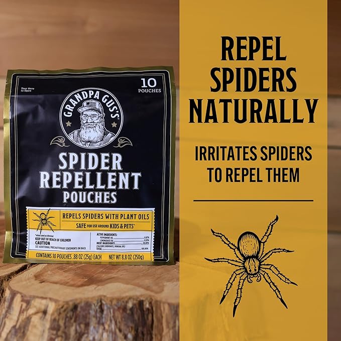 Grandpa Gus's Natural Spider Repellent Pouches, Peppermint and Lemongrass Oil Blend for Indoor Pest Control, Safe for Home, RV, Garage, Basement (10 Pouches)
