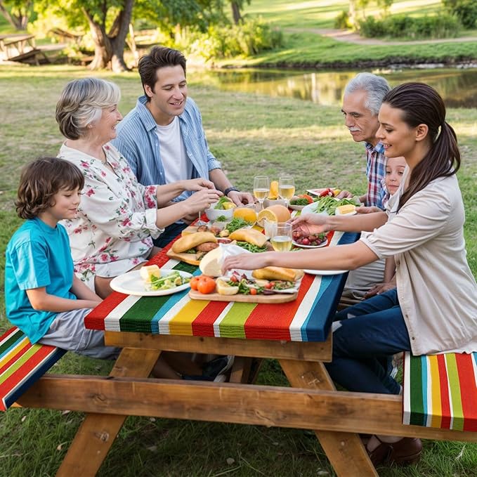 JAWO Picnic Table Covers with Bench Covers Modern Stripe Camping Tablecloth Fitted Picnic Table Cover with Elastic Windproof Waterproof Fabric, Camping Accessories Patio & Outdoo