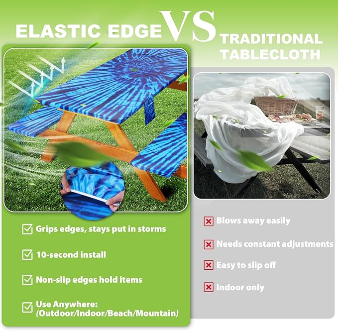 Fitted Picnic Table Cover with Bench Covers Waterproof Elastic Edges Rectangle Patio Tablecloth Outdoor Camping Essentials Stuff Rv Accessories Summer Trip Travel Supplies Party Camper Gifts, 8 ft