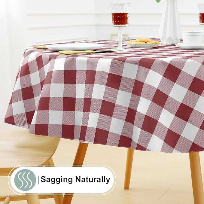 misaya Round Waterproof Vinyl Table Cloth, Buffalo Flannel Backed Tablecloth, Wipeable Plastic Table Cover for Dinner, Kitchen, Picnic (60", Burgundy and White)