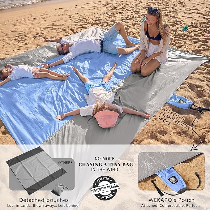 WEKAPO Beach Blanket Sandproof Waterproof, Extra Large Beach Mat, Oversized & Compact Sand Free Mat Quick Drying, Lightweight & Durable with 6 Stakes & 4 Corner Pockets