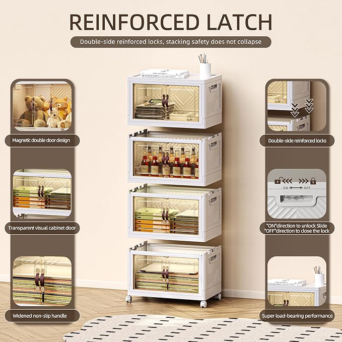 200 QT / 50 Gal Stackable Collapsible Storage Bins (1 Lid) with Magnetic Doors & Wheels - Plastic Cabinet Organizer for Home Office Closet, White Space-Saving Containers