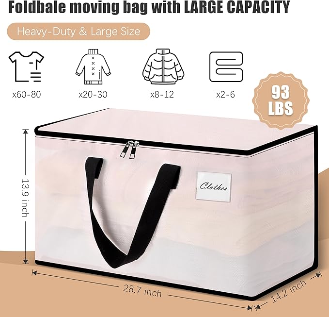 Heavy Duty Moving Bags - Extra Large Packing Bags and Storage Totes, Collapsible and Foldable Option for Moving and Storage, Clear, 93 L - 6 Pack