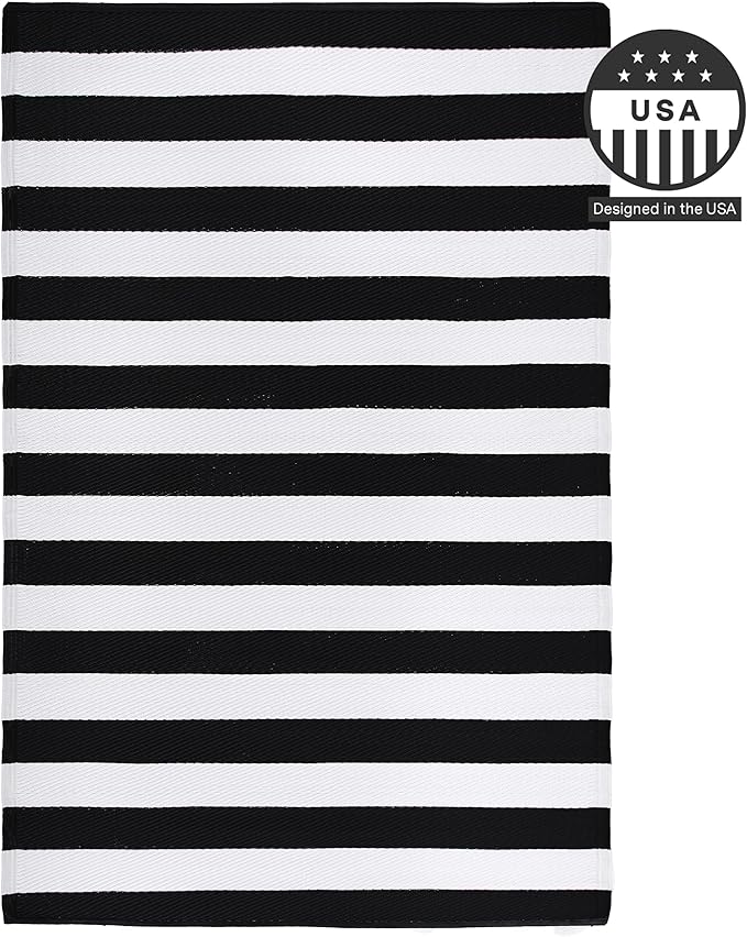 FH Home Outdoor Rug - Waterproof, Fade Resistant, Reversible - Premium Recycled Plastic - Striped - Large Patio, Deck, Sunroom, Camping, RV - Brittany Stripe - Black & White Crease Free - 5 x 8 ft