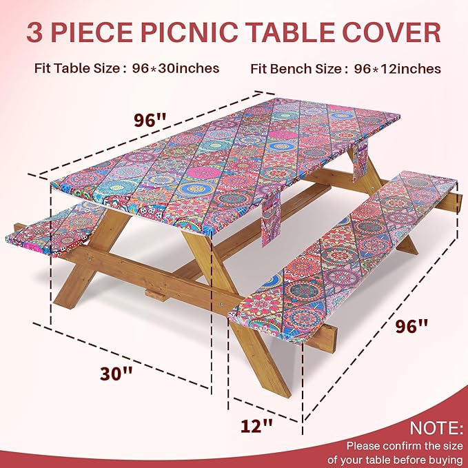 Fitted 8Foot Boho Picnic Table Cover with Chair Covers Camping Table Cloths Hiking Glamping Supplies Travel Trailers Cooking Essential Party Festival Decor Gifts for Teens Who Want Nothing