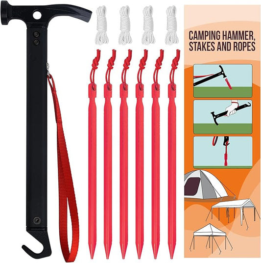 Eurmax USA Hiking Camping Tent Stakes and Hammer Set Lightweight Multi-Function Tent Hammer with Tent Stake Remover,Tent Pegs for Camping, Hiking, Backpacking, Gardening(Red Stakes)