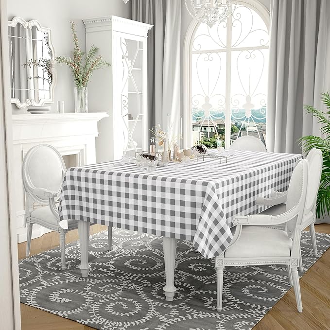 misaya Rectangle Waterproof Vinyl Table Cloth, Buffalo Flannel Backed Tablecloth, Wipeable Plastic Table Cover for Dinner, Kitchen, Outdoor (52" x 70", Grey and White)