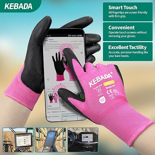 Kebada W1 Work Gloves Women, PU Coated Safety Gloves with Grip, Touchscreen, Ideal for Warehouse Package Handling, Construction, Gardening, Pink Medium