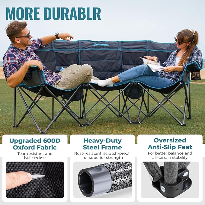 FUNDANGO Double Camping Chair with Cooler, 3 Person Folding Oversized Loveseat Camp Chairs for Adults Fully Padded Couch with Cup Holder Carry Bag for Outdoor Lawn Beach Patio Support 1000 LBS