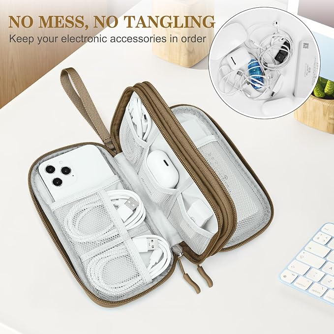 FYY Electronic Organizer, Travel Cable Organizer Bag Pouch Electronic Accessories Carry Case Portable Waterproof Double Layers All-in-One Storage Bag for Cable, Cord, Charger, Phone, Earphone Brown