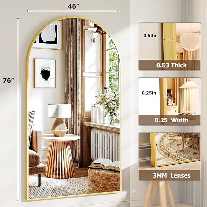 46"x76" Arched Full-Length Mirror, Oversized Floor Mirror with Stand, Freestanding or Wall-Mounted Full Body Mirror for Living Room, Bedroom, or Cloakroom, Gold