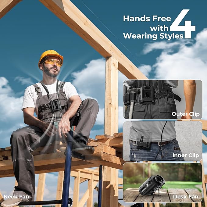 10000mAh Portable Waist Clip Fan, 40H Cooling Personal Wearable Fan, 5 Speeds 16000RPM Strong Belt Fan, Rechargeable Hands-free Neck Fan With Flashlight for Outdoor Jobsite Camping Traveling (Black)