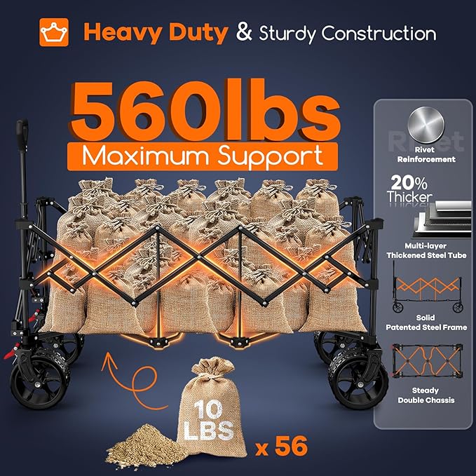 48" L Collapsible Wagon Cart Foldable, 560LB Weight Capacity 300L Heavy Duty Folding Beach Wagons with Big All-Terrain Wheels, Utility Carts for Groceries, Shopping, Camping, Sports - Black