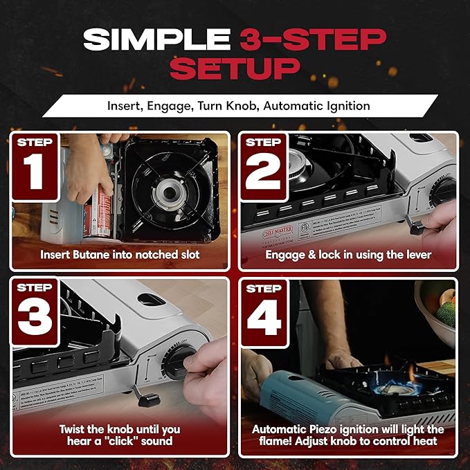 Chef Master 15,000 BTU Portable Butane Camping Stove COMBO with 4 x 8oz. Butane Fuel Canister, Double Wind-Guard Portable Stove Burner for Emergency, Road Trip, Backpacking & Camping Essential - 90019