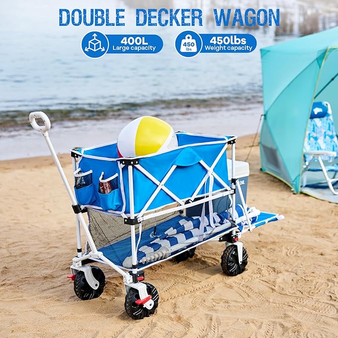 400L Collapsible Double Decker Beach Wagon with Brakes, Folding Beach Cart with 54" Extra Long Decker, 450LBS Heavy Duty Wagon Chart with All-Terrain Big Wheels for Sand Camping Garden