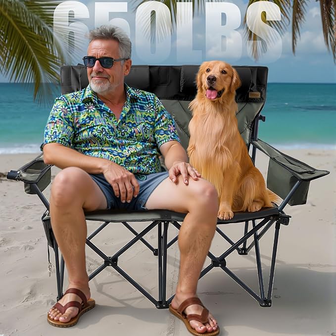 Folding Camping Chair - Oversize Camping Chairs for Adults, 2 Seat Folding Chair Support 650lbs with Pillows & Cup Holders & Cooler Bags- Heavy Duty Chair for Sports Garden Beach Fishing(Blackgray)