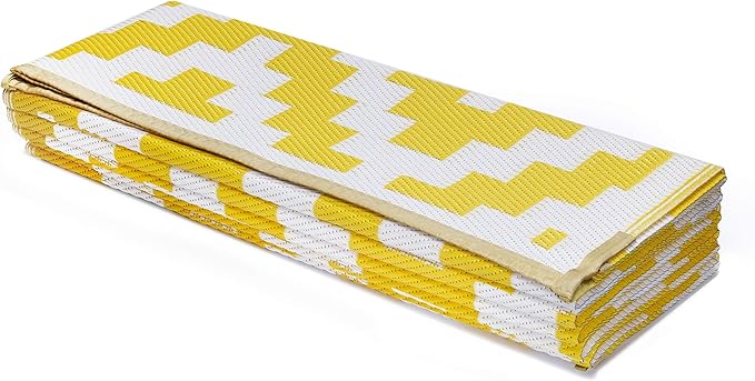 FH Home Outdoor Camping Rug - Waterproof, Fade Resistant, Reversible - Premium Recycled Plastic - Geometric - Large Patio, Deck, Sunroom, RV - Aztec - Yellow & White - 9 x 18 ft Foldable