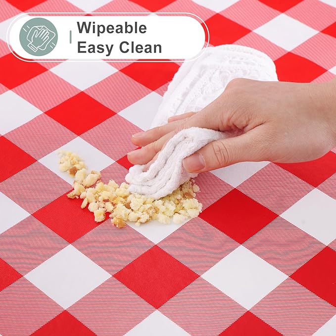 misaya Round Waterproof Vinyl Table Cloth, Buffalo Flannel Backed Tablecloth, Wipeable Plastic Table Cover for Dinner, Kitchen, Picnic (60", Red and White)