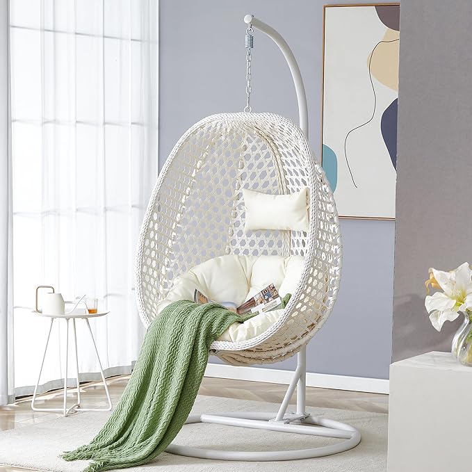JUFU Egg Swing Chair with Stand，Patio Hanging Basket Chair Outdoor，Hammock Chair with Cushions and Pillow,Hanging Egg Chair with Aluminum Steel Frame for Indoor Bedroom Balcony