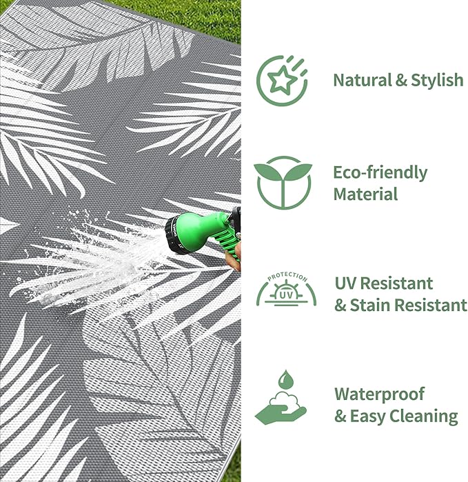 GENIMO Outdoor Rug 10' x 10' Waterproof for Patios Clearance, Reversible Outdoor Plastic Straw Camping Rug Carpet, Large Area Rugs Mats for RV, Camper, Deck, Balcony, Porch, Beach, Picnic, Grey&White