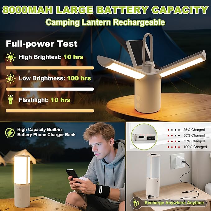 Solar Camping Lantern 8000mAh–Rechargeable,Foldable Camping Light,Stepless Dimming,Flashlight & SOS Modes,USB Charging,Waterproof & Portable Handle,Ideal for Camping,Emergency,Travel,Outdoor,Home Use