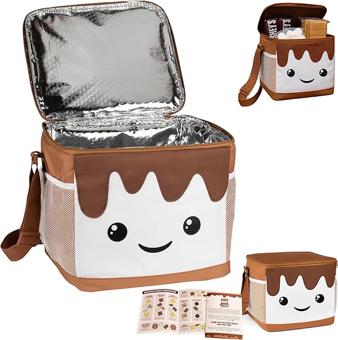 THE S'MORES COMPANY - Smores Caddy, Large Marshmallow Cooler Bag - Smores Kit for Fire Pit & Campfire Accessories, Cute Insulated Collapsible Bag for Picnic, Camping, Glamping, Date Night
