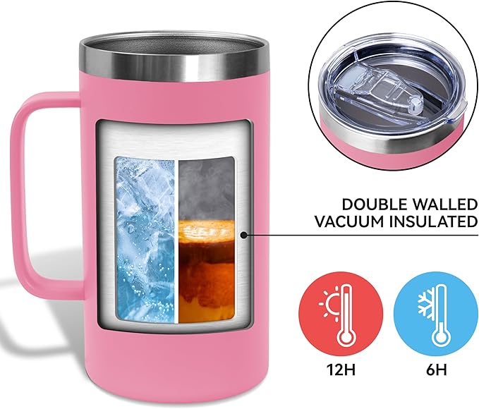 DOMICARE 24oz Mug with Handle and Lid, Stainless Steel Coffee Mug, Travel Mug with Handle, Double Wall Vacuum Coffee Tumbler, Reusable Insulated Cup, Pink, Pack 8
