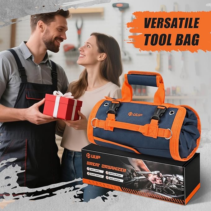Tool Bag Roll Up, UUP Heavy Duty Rolled Empty Tool Storage Organization, Portable Foldable Rollup Organizer with 2 Small Pouches, Rollable Carrying Toolbag, Dad Men Mechanic Birthday Gift, Blue Orange