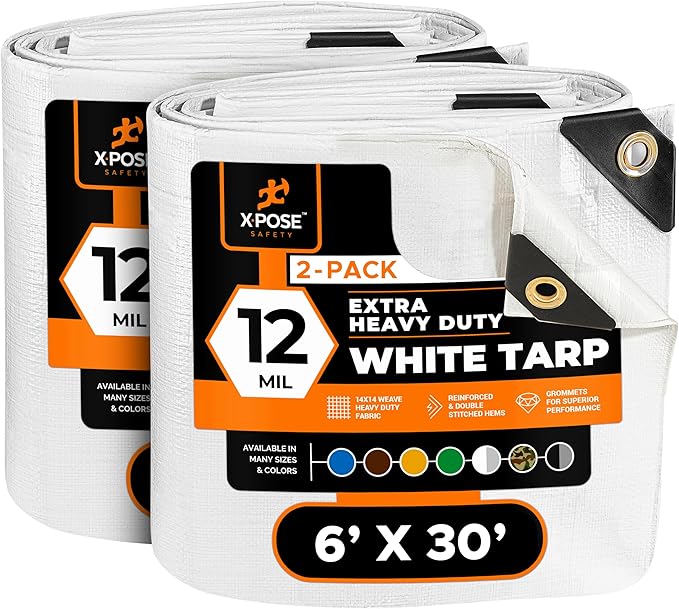 Heavy Duty White Poly Tarp 6' X 30' (2-Pack) - Multipurpose Protective Cover - Durable, Waterproof, Weather Proof, Rip and Tear Resistant - Extra Thick 12 Mil Polyethylene - by Xpose Safety
