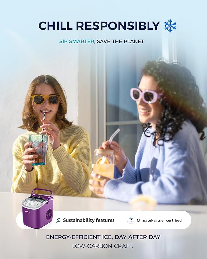 EUHOMY Countertop Ice Maker Machine with Handle, 26lbs Per Day, 9 Ice Cubes Ready in 6 Mins, Auto-Cleaning Portable Ice Maker with Basket and Scoop, for Home/Kitchen/Camping/RV (Purple)