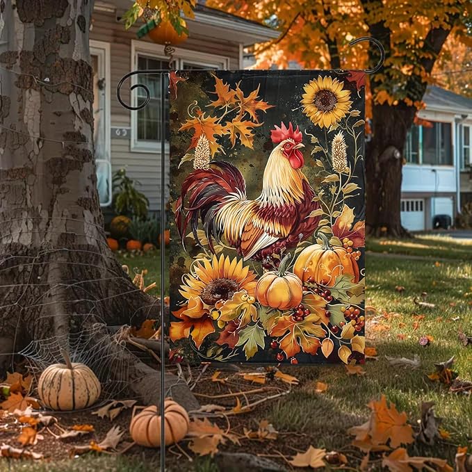 Autumn Rooster Garden Flag 12X18 Inch Double Side,Thanksgiving Harvest Fall Yard Flag,Pumpkin Small Garden Flag,Outdoor Fall Flag for Holiday Outside Patio Decoration