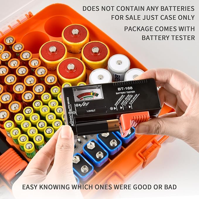 Battery Organizer Storage Holder Box Case with Tester- 269 Batteries Double-Sided Variety Pack, Holds AA AAA 4A C D Cell 9V 3V Lithium LR44 CR2 CR123 CR1632 18650 Button- Orange (Box Only)