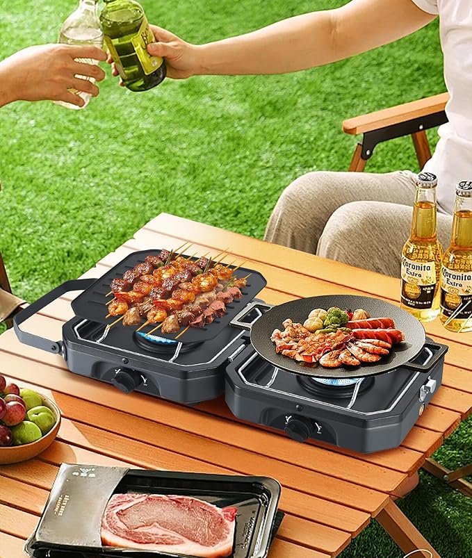 Nice C Camping Stove, Camping Stove Propane, 2 Burner Propane Camping Stove with Grill, Camp Stove, Portable Stove, 16,000 BTU Camp Stove with 2 Burner, Grill & Carry Bag for Camping