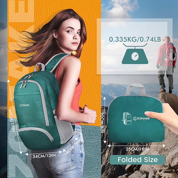 ZOMAKE Lightweight Packable Backpack 30L, Foldable Hiking Backpacks Water Resistant Compact Folding Daypack for Travel(Dark Green)