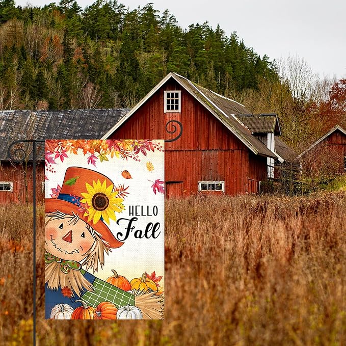 Fall Scarecrow Pumpkin Garden Flag 12x18 Inch Double Sided Burlap Autumn Thanksgiving Sunflower Flag for Outside Farmhouse Garden Yard Lawn Outdoor Decorative