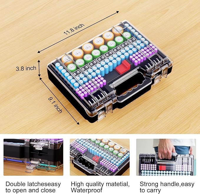 Battery Organizer Storage Holder Box Case with Tester, Stores & Protects Up to 260 Batteries, Double-Clear Locking Lid, Holds AA AAA C D and More (Not Includes Battery Pack) - Black