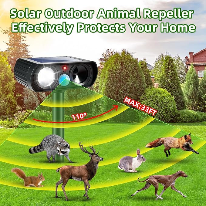 2025 4Pack Ultrasonic Animal Repellent Outdoor Solar Animal Repeller witht Motion Sensor&LED Strober Ligh Cat Deterrent Outdoor Deer Repellent Device to Scare Raccoon Squirrel Skunk Rabbit Fox Dog