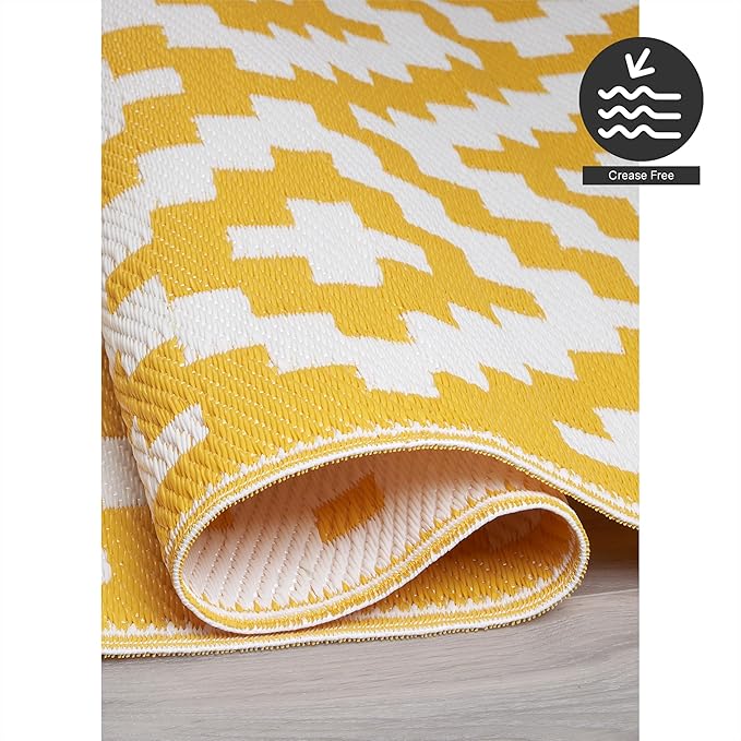 FH Home Outdoor Camping Rug - Waterproof, Fade Resistant, Reversible - Premium Recycled Plastic - Geometric - Large Patio, Deck, Sunroom, RV - Aztec - Yellow & White - 9 x 18 ft Foldable