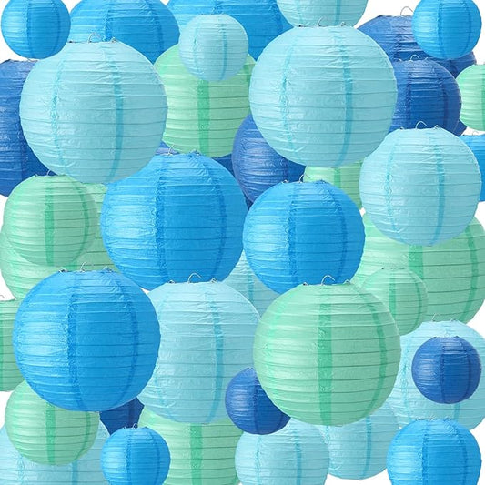 Treela 48 Pcs Paper Lanterns Party Decorations Chinese Round Paper Lanterns 4/6/8/10 Inch Asian Hanging Lamps Decorative for Birthday Party Supplies(Blue Series)