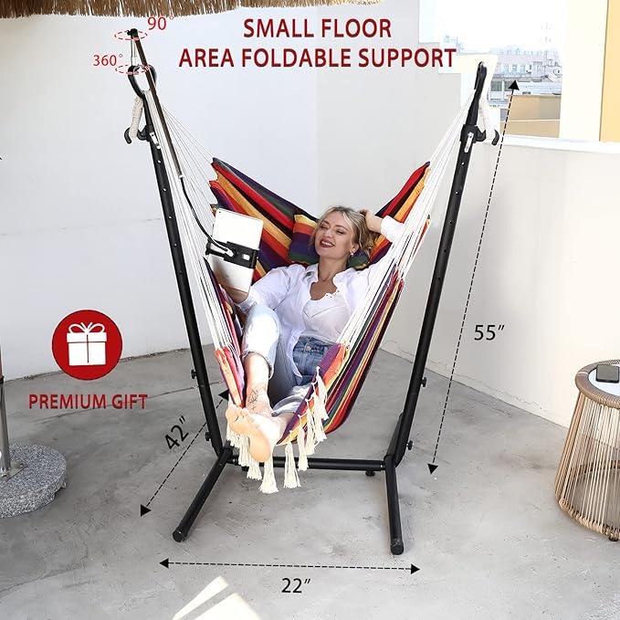 ZEYU Hammock Chair with Stand Double Hammock Chair Bohemian Style with Tassel Mobile Phone Support Manual Adjustable Swing Indoor and Outdoor Garden Porch with Floor mat Reclining Capacity 400 pounds