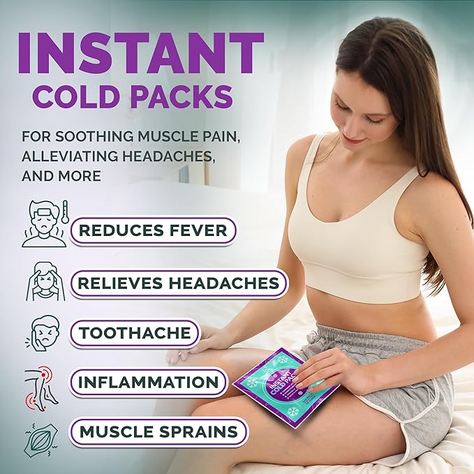 Disposable Instant Ice Packs for Injuries 100 Packs (6” x 5”) | Instant Ice Cold Pack - Cold Compress Ice Pack for Pain Relief, First Aid Essential, Swelling, Toothache, Athletes & Outdoor Activities