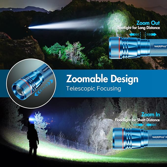 WdtPro Rechargeable Flashlights High Lumens, 2 Pack Super Bright LED Small Tactical EDC Flashlight with 10H Runtime, Portable Flash light for Camping, Home, Emergency Essentials Blue(Battery Included)