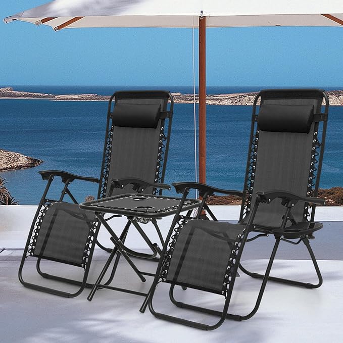 MoNiBloom Table and Patio Chairs Set of 3, Outdoor Adjustable Zero Gravity Folding Breathable Mesh Reclining Lounge Chairs with Pillow and Side Tray, 330lbs Capacity - Black