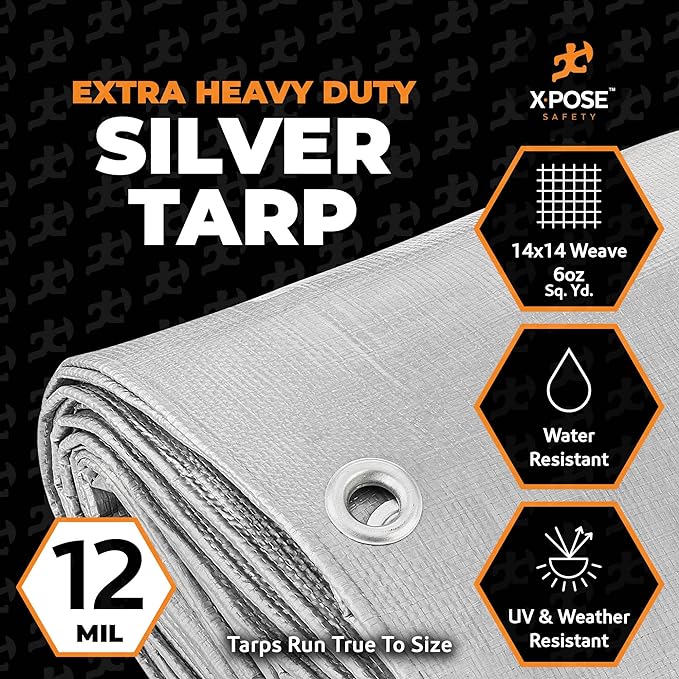 Heavy Duty Silver Poly Tarp 30' X 30' - Multipurpose Protective Cover - Durable, Waterproof, Weather Proof, Rip and Tear Resistant - Extra Thick 12 Mil Polyethylene - by Xpose Safety