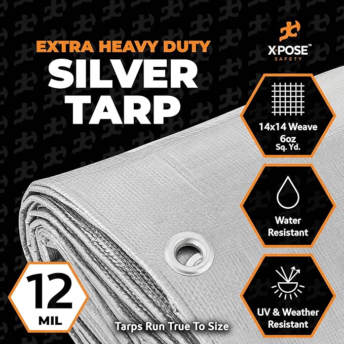 Heavy Duty Silver Poly Tarp 30' X 40' - Multipurpose Protective Cover - Durable, Waterproof, Weather Proof, Rip and Tear Resistant - Extra Thick 12 Mil Polyethylene - by Xpose Safety