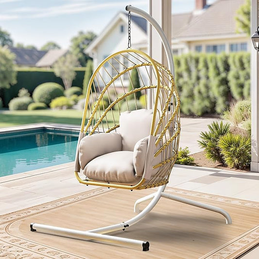 YITAHOME Hanging Egg Chair with Stand, Rattan Wicker Swing Egg Chair with Cushion, 370lbs Capacity, Foldable Hanging Basket Chair for Porch, Garden, Bedroom, Balcony - Beige