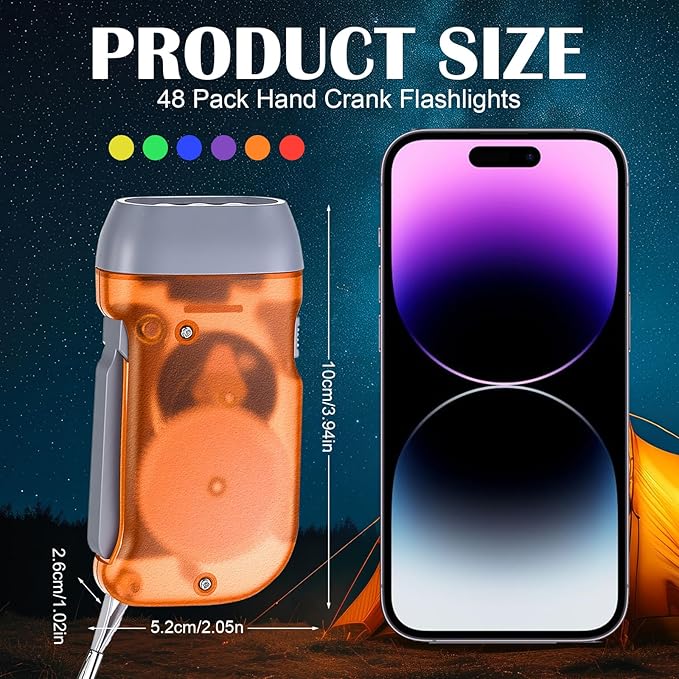 Leelosp 48 Pcs Hand Crank Flashlight No Battery Required Cranked Flashlight Manual Press Flash Light 3 LED Squeeze Light for Camping Hiking Power Outage Gift (Red Blue Purple Orange Yellow Green)