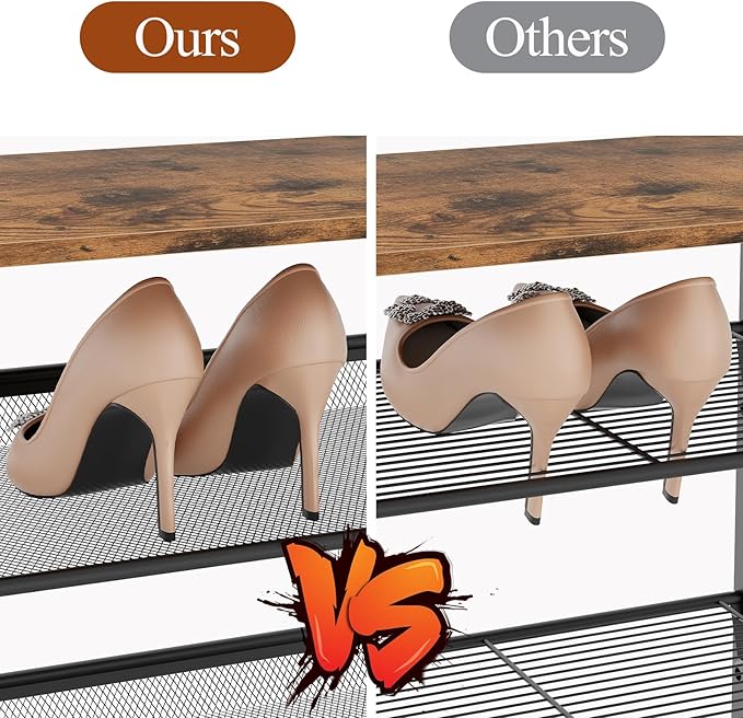 Garden 4 you 3 Tiers Narrow Shoe Rack,Small Space Freestanding Shoe Storage Organizer with Brown Wooden Tabletop,Adjustable Metal Shelf Stackable Shoe Shelf for Entryway Hallway Living Room Closet